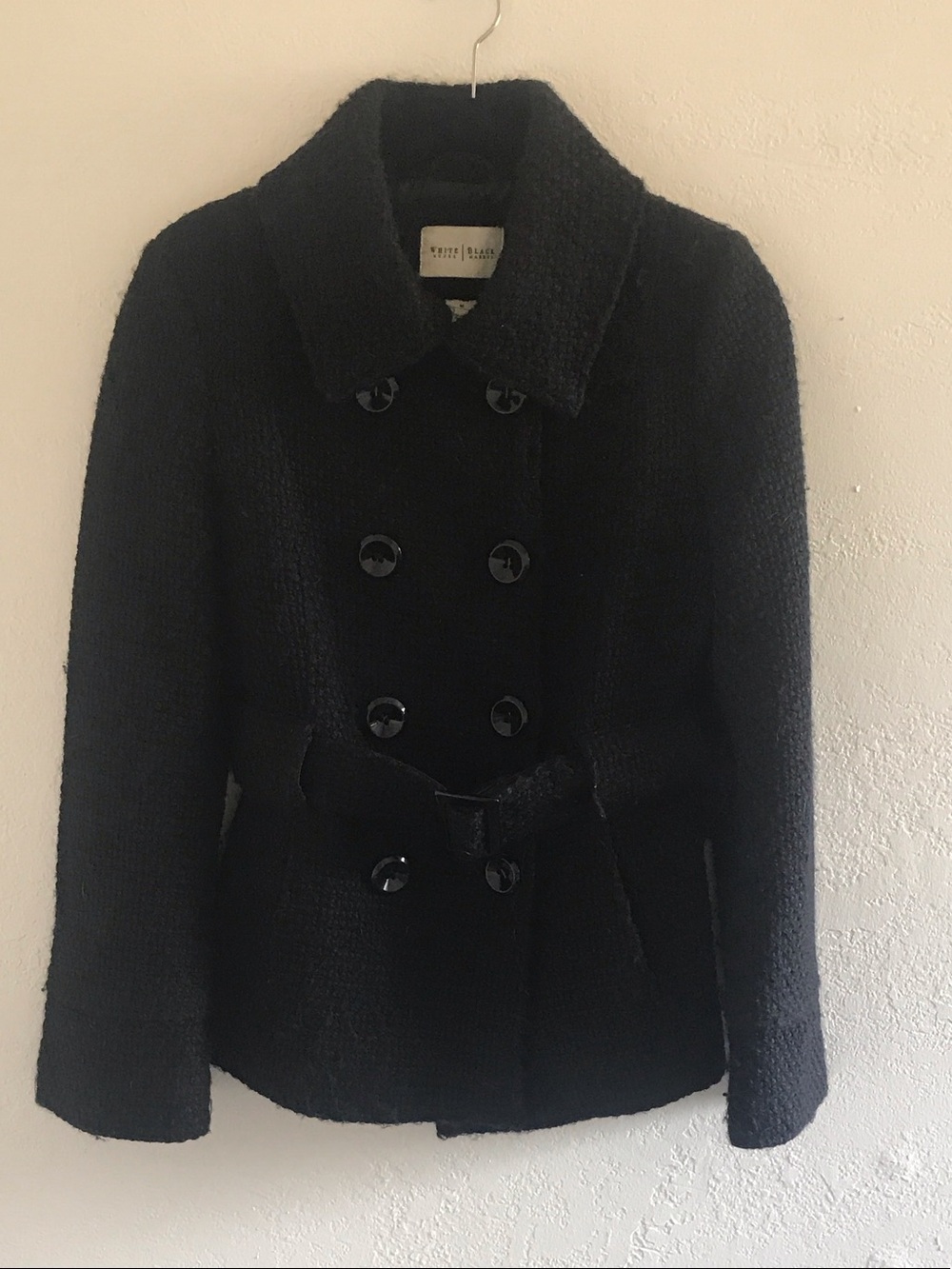 White House Black Market Black Bouclé Double-Breasted Peacoat with Belt